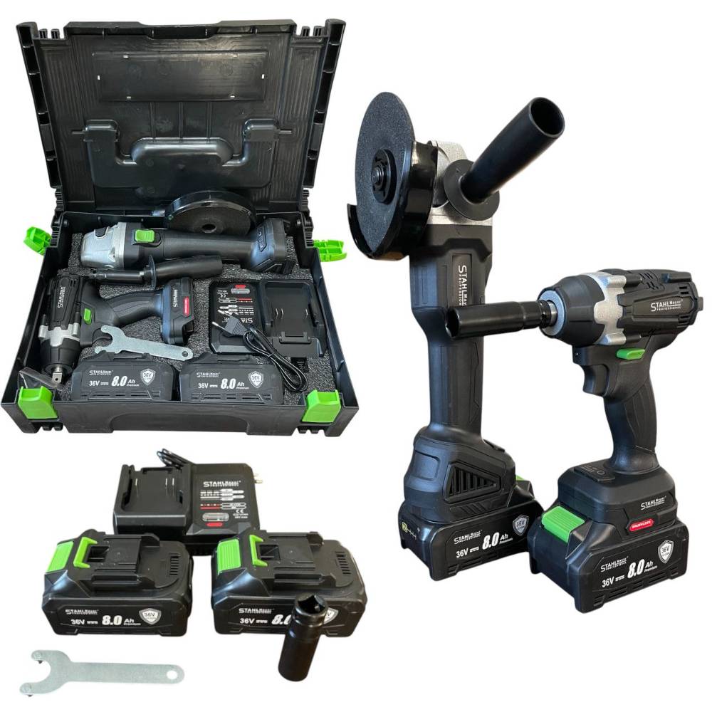Комплект 2в1 StahlMayer ударен комбиниран гайковерт и ъглошлайф 36V 8.0Ah