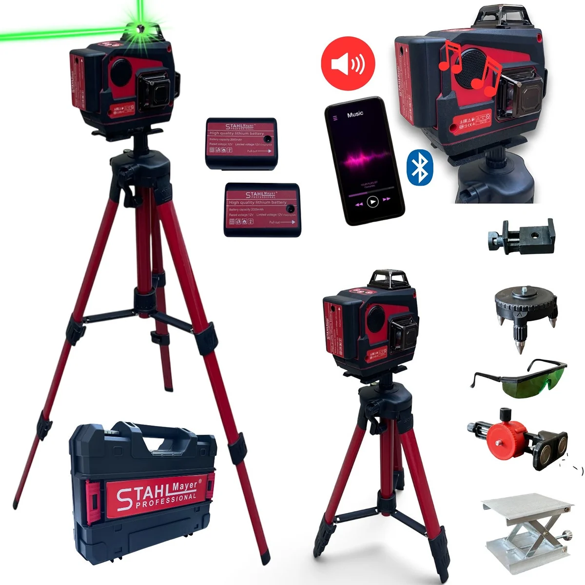 lazeren-nivelir-stahlmayer-professional-4d-s-bluetooth-visokogovoritel-IMAGE01 Лазерен нивелир STAHLMAYER PROFESSIONAL - 4D с 16 линии, 360°, зелен лъч и Bluetooth високоговорител - Image 1